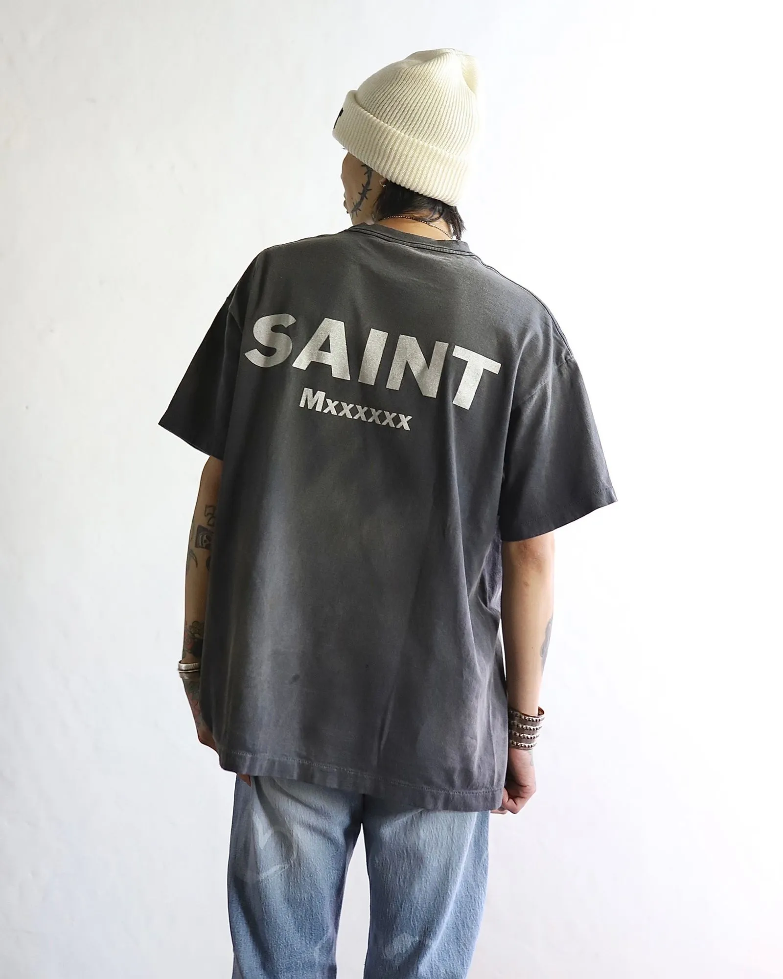 SAINT Mxxxxxx × EVANGELION NEON GNSIS TEE/BLK co-branded Neon Genesis Evangelion distressed short-sleeves, washed black S-XL, vintage NEW VINTAGE, top printing technology, garment dyeing, re-washed, distressed, correct co-branded main mark/washing mark